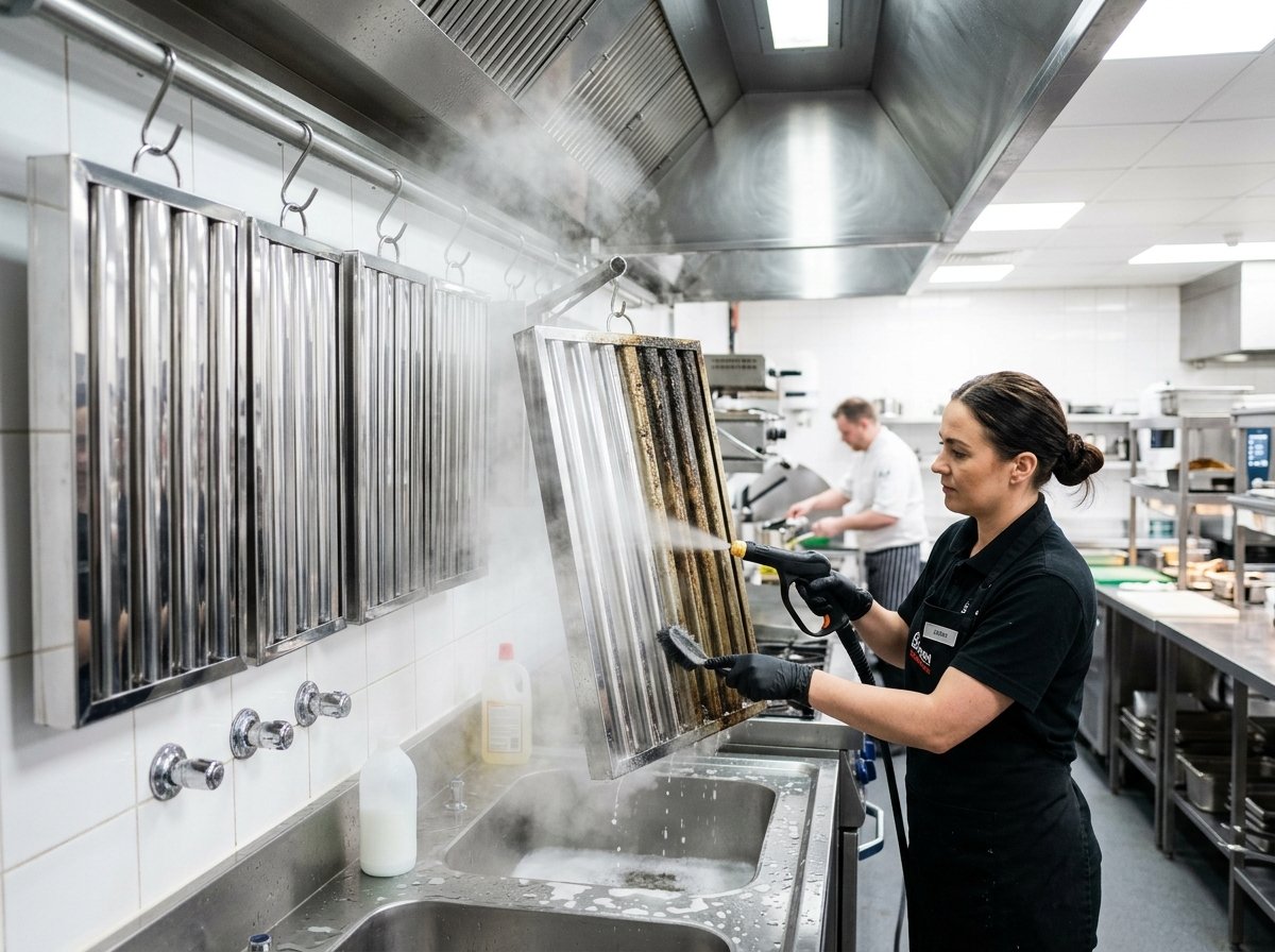 Deep cleaning of stainless steel kitchen hood baffle filters