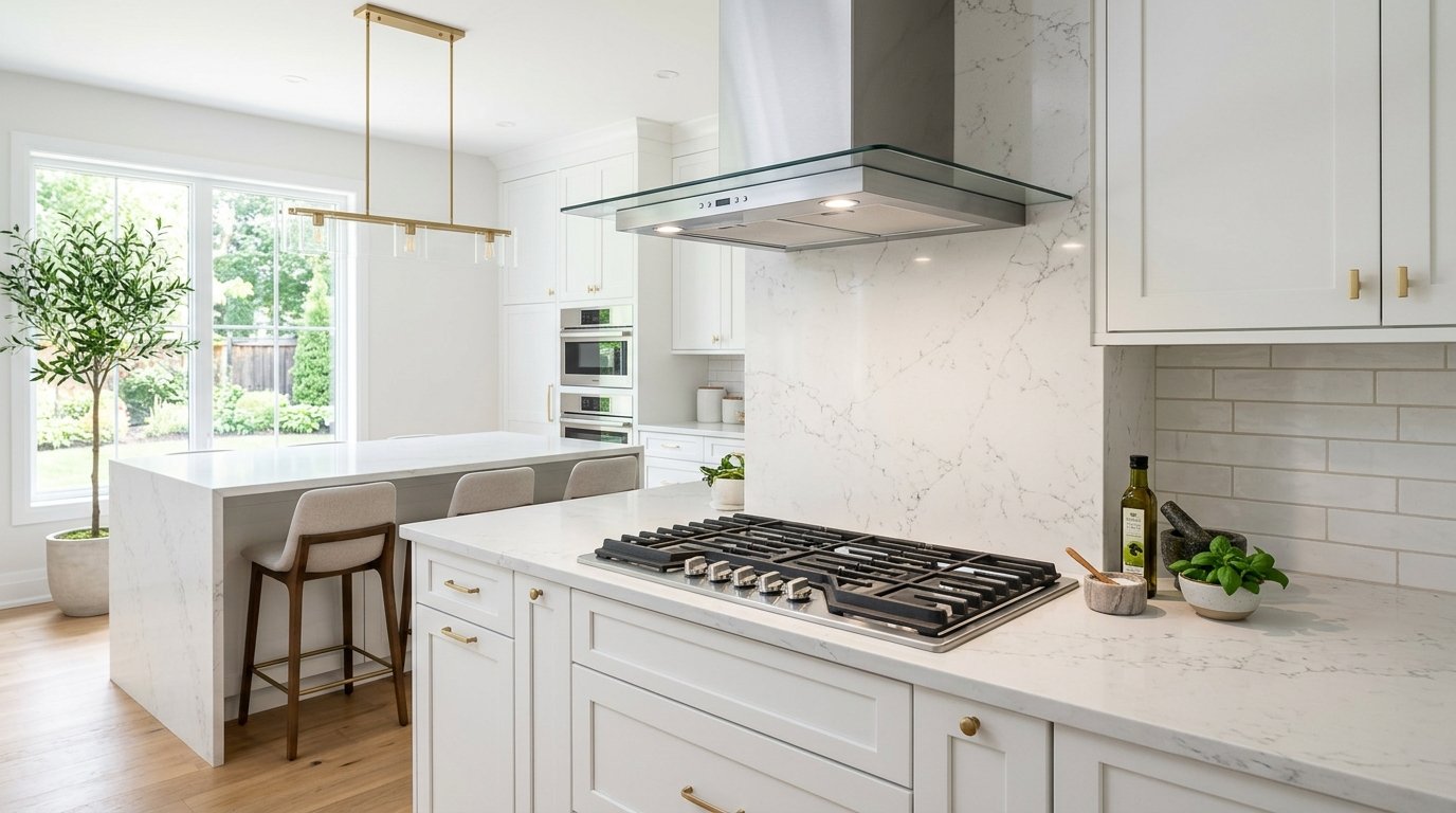 Modern stainless steel kitchen hood in a bright luxury kitchen